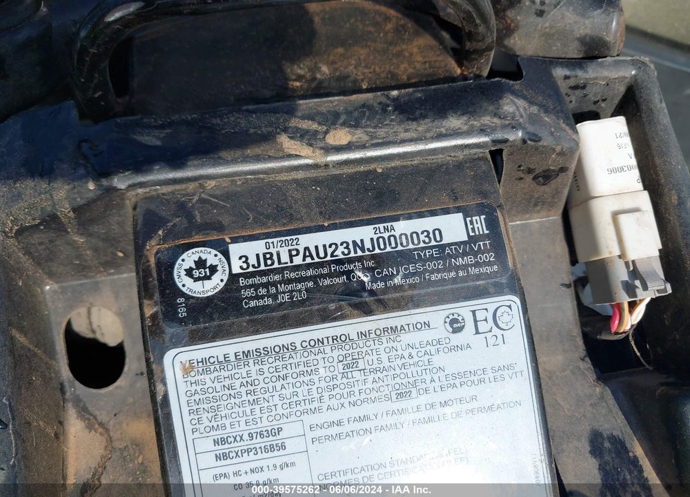 2022 CAN-AM OUTLANDER MAX XT 850/XT-P 850 VIN: 3JBLPAU23NJ000030
