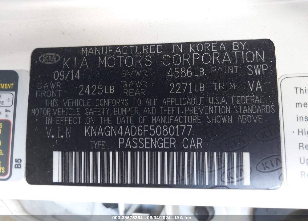 2015 KIA OPTIMA HYBRID EX VIN: KNAGN4AD6F5080177