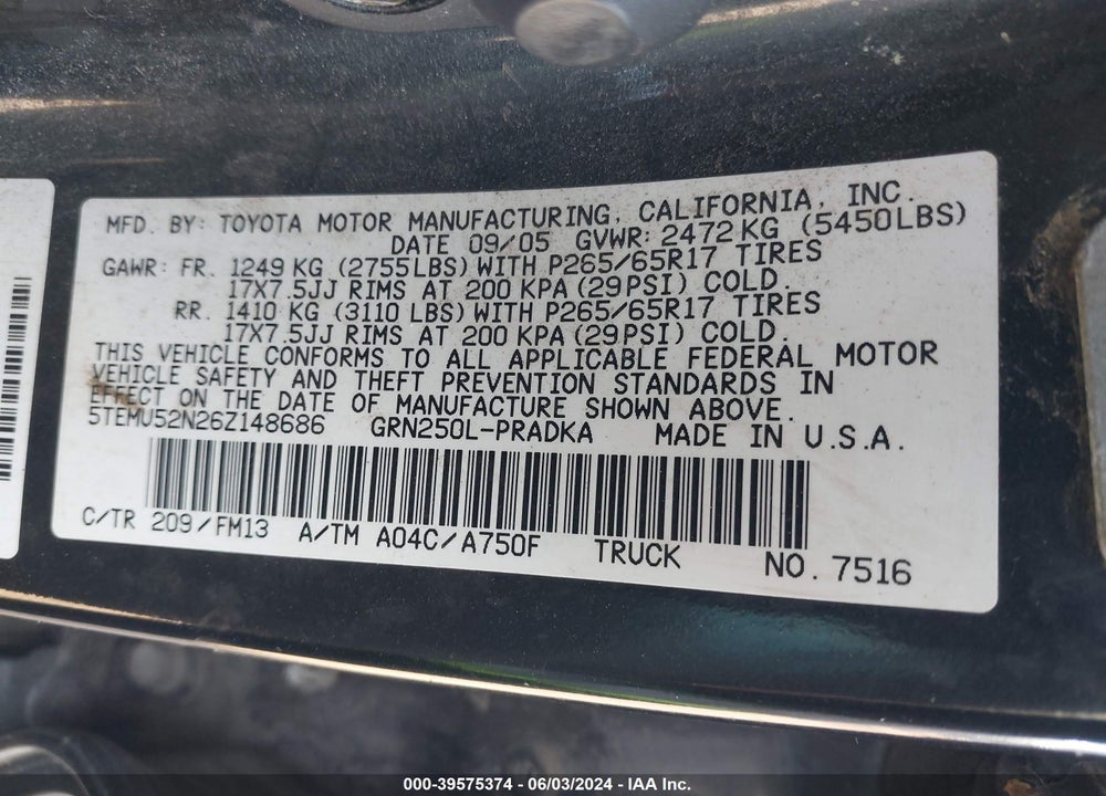 2006 TOYOTA TACOMA BASE V6 VIN: 5TEMU52N26Z148686