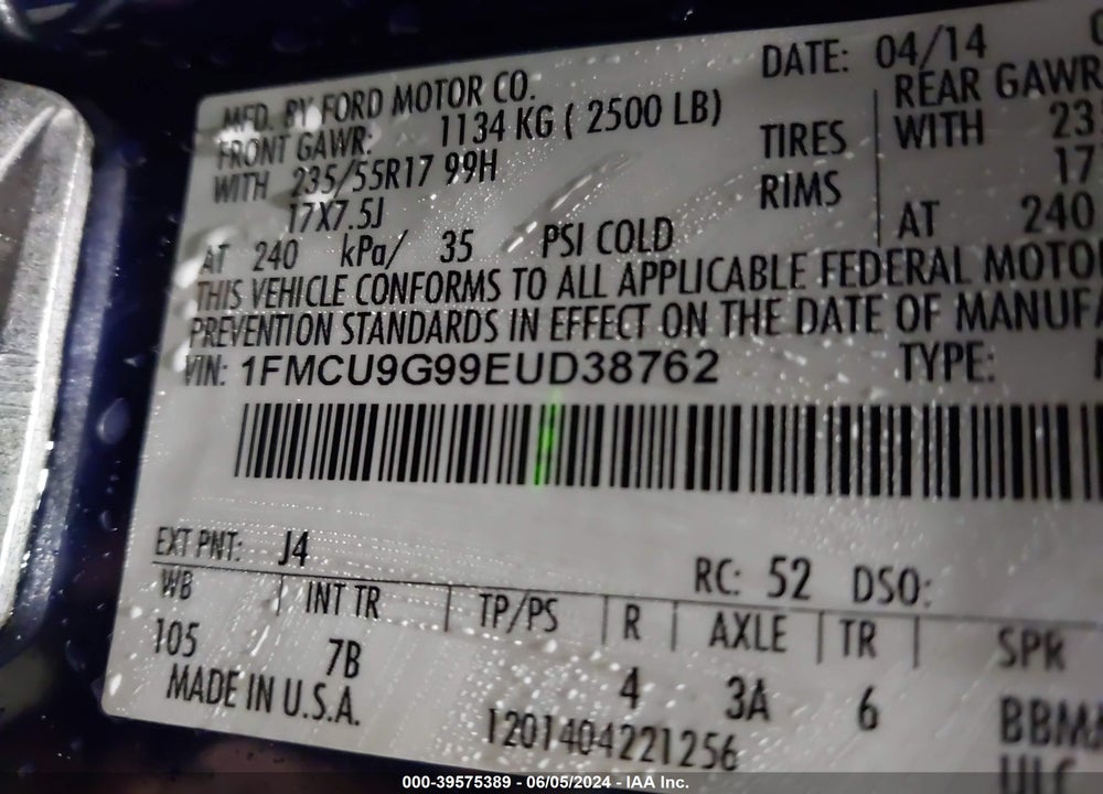2014 FORD ESCAPE SE VIN: 1FMCU9G99EUD38762