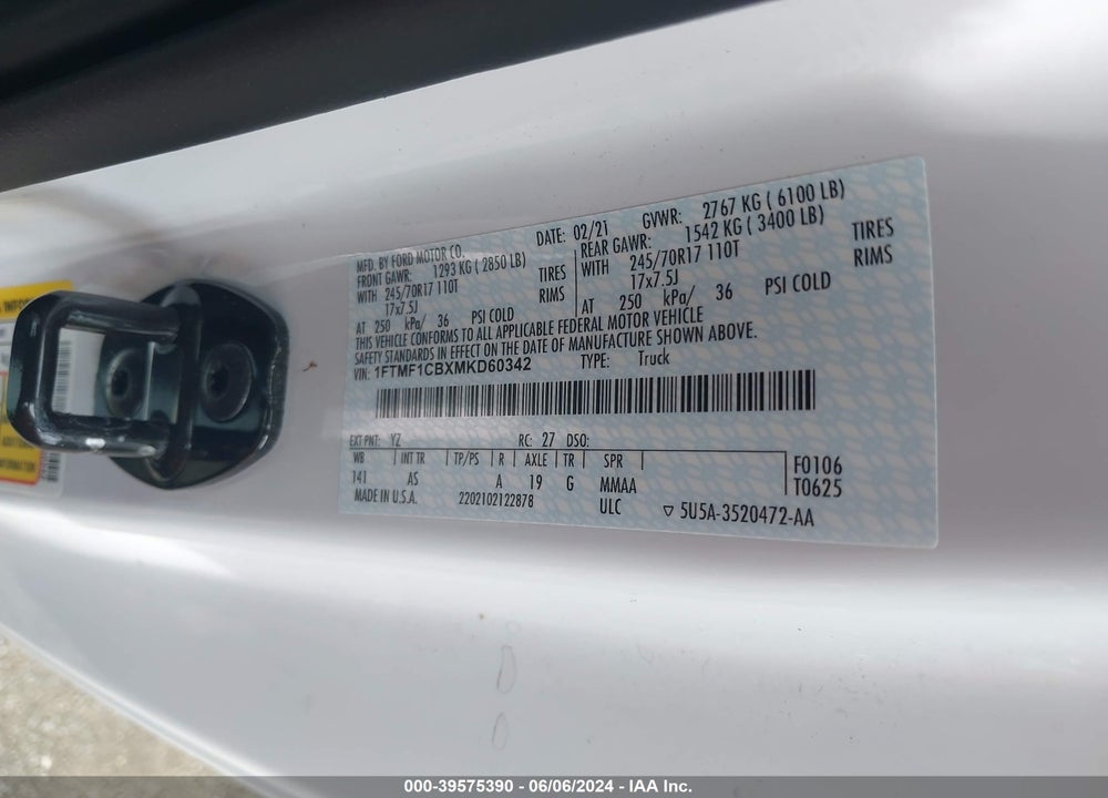 2021 FORD F-150 XL VIN: 1FTMF1CBXMKD60342