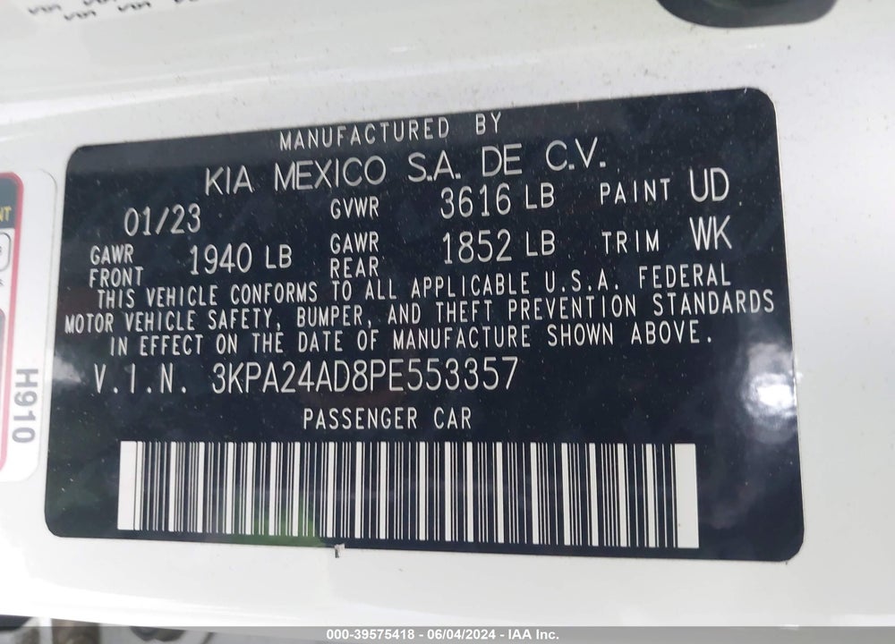 2023 KIA RIO LX VIN: 3KPA24AD8PE553357