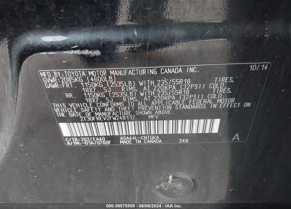 2015 TOYOTA RAV4 LIMITED VIN: 2T3DFREV2FW248117