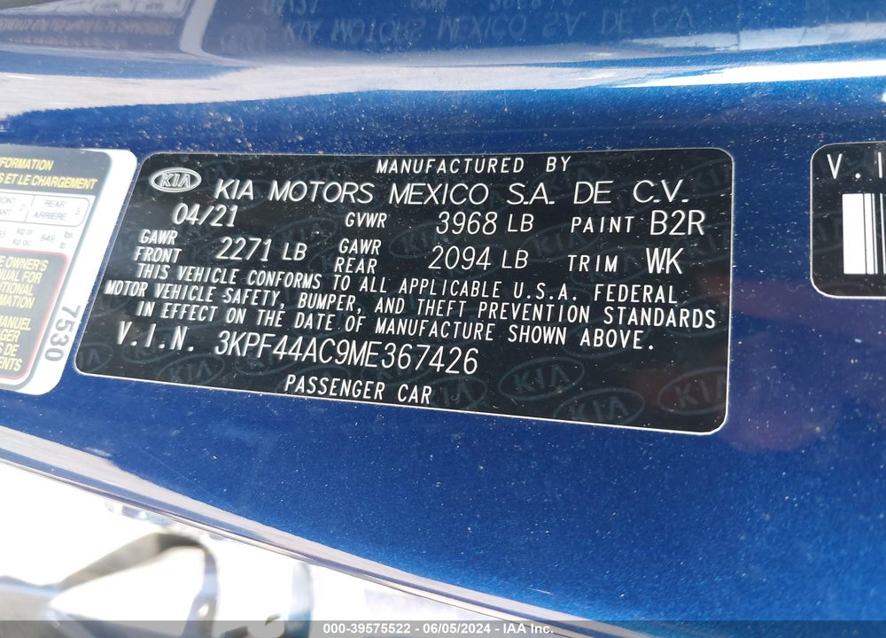 2021 KIA FORTE GT VIN: 3KPF44AC9ME367426