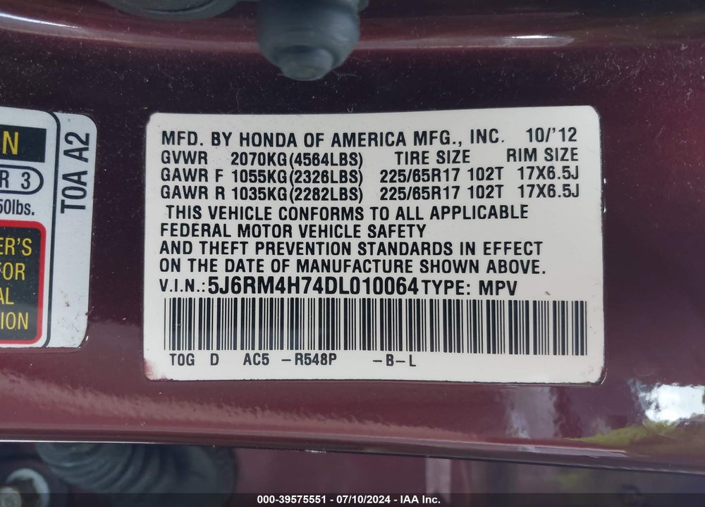 2013 HONDA CR-V EX-L VIN: 5J6RM4H74DL010064