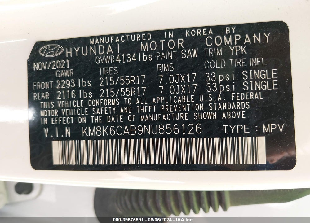 2022 HYUNDAI KONA SEL VIN: KM8K6CAB9NU856126