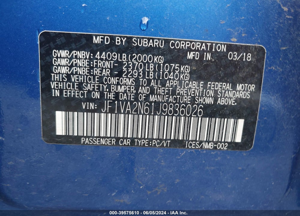 2018 SUBARU WRX STI VIN: JF1VA2N61J9836026