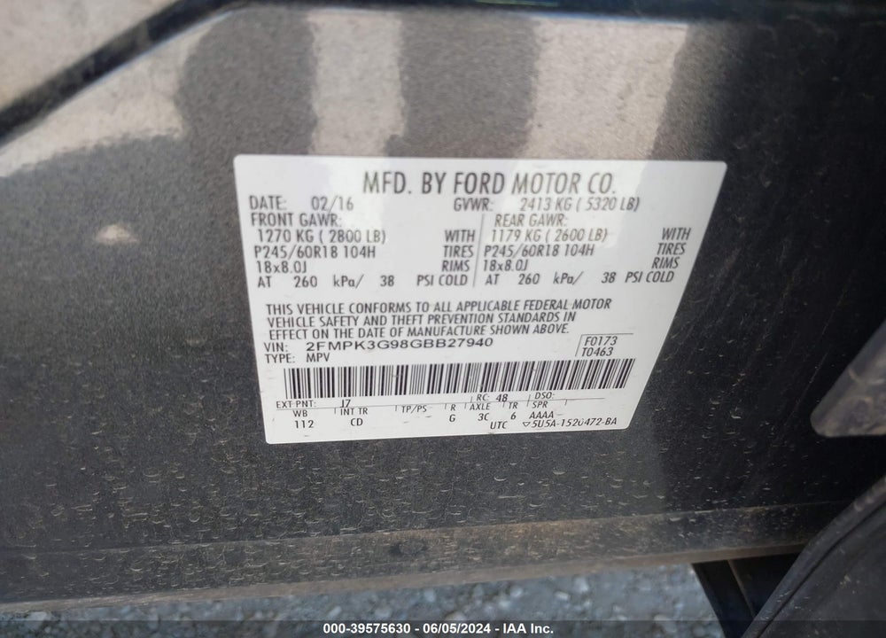 2016 FORD EDGE SE VIN: 2FMPK3G98GBB27940