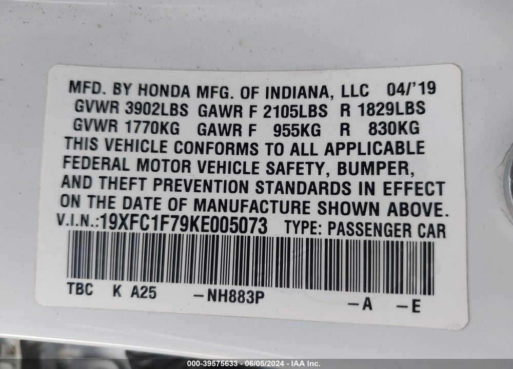 2019 HONDA CIVIC EX-L VIN: 19XFC1F79KE005073
