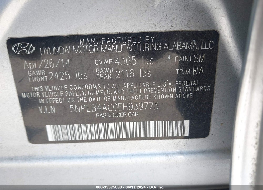 2014 HYUNDAI SONATA GLS VIN: 5NPEB4AC0EH939773