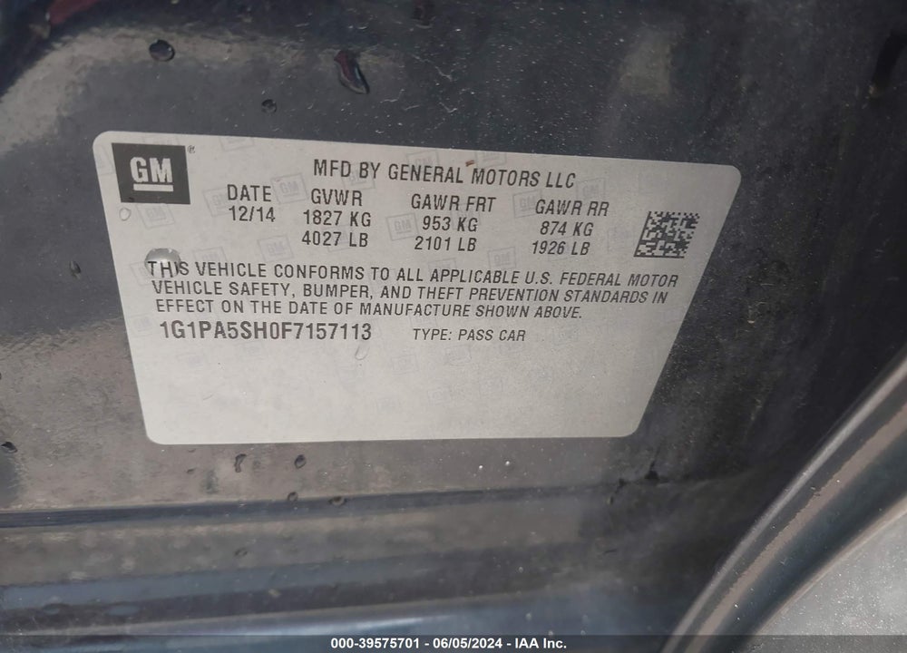 2015 CHEVROLET CRUZE LS AUTO VIN: 1G1PA5SH0F7157113