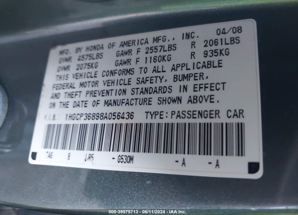 2008 HONDA ACCORD VIN: 1HGCP36898A056436