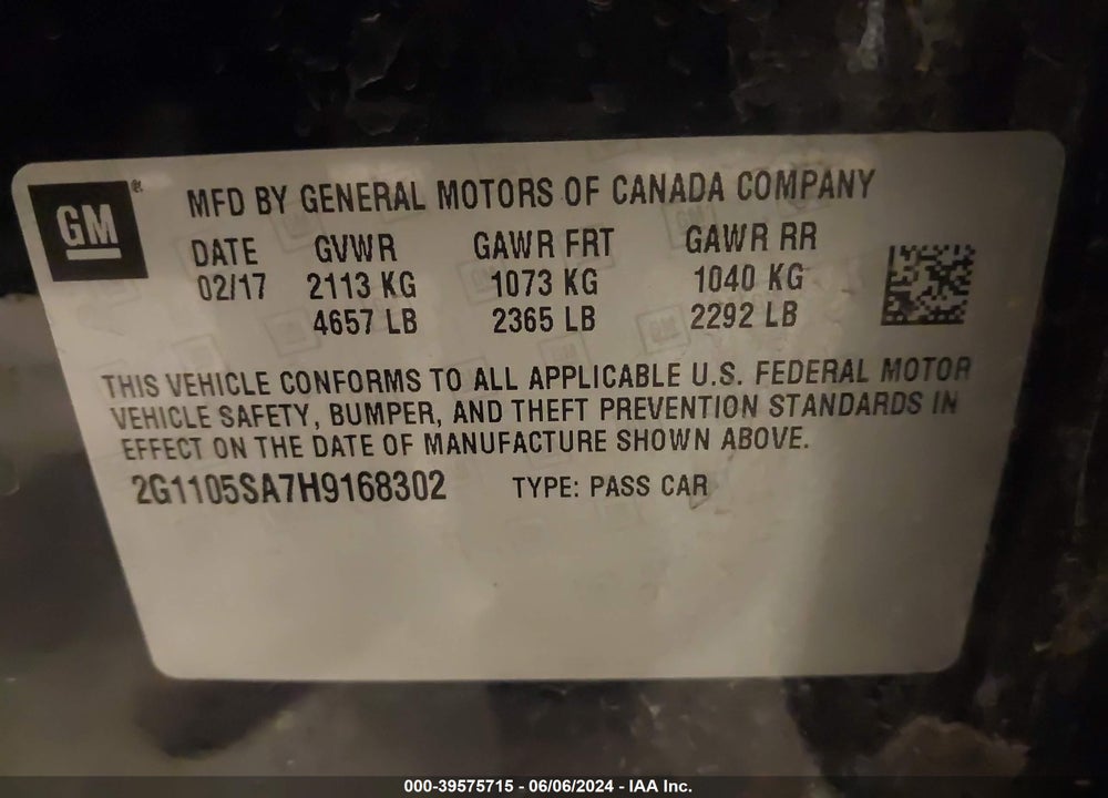 2017 CHEVROLET IMPALA 1LT VIN: 2G1105SA7H9168302