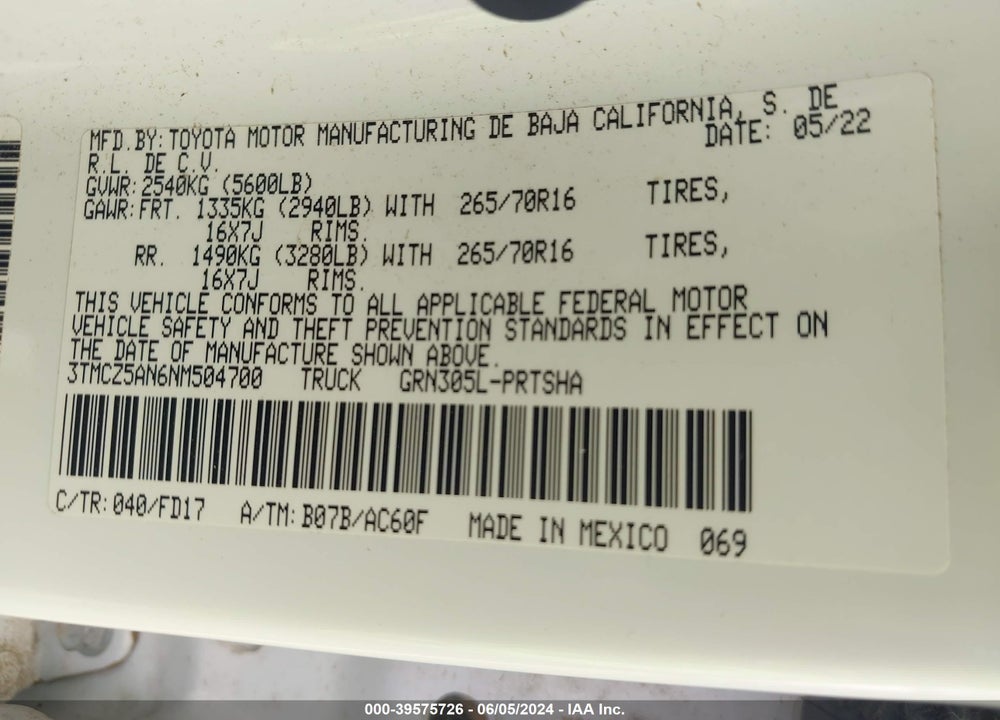 2022 TOYOTA TACOMA TRD OFF ROAD VIN: 3TMCZ5AN6NM504700