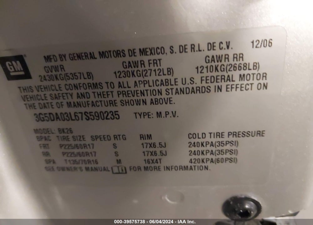 2007 BUICK RENDEZVOUS CXL VIN: 3G5DA03L67S590235