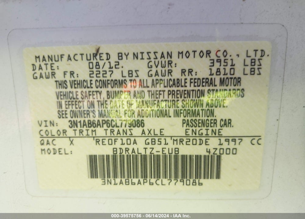 2012 NISSAN SENTRA 2.0 S VIN: 3N1AB6AP6CL779086