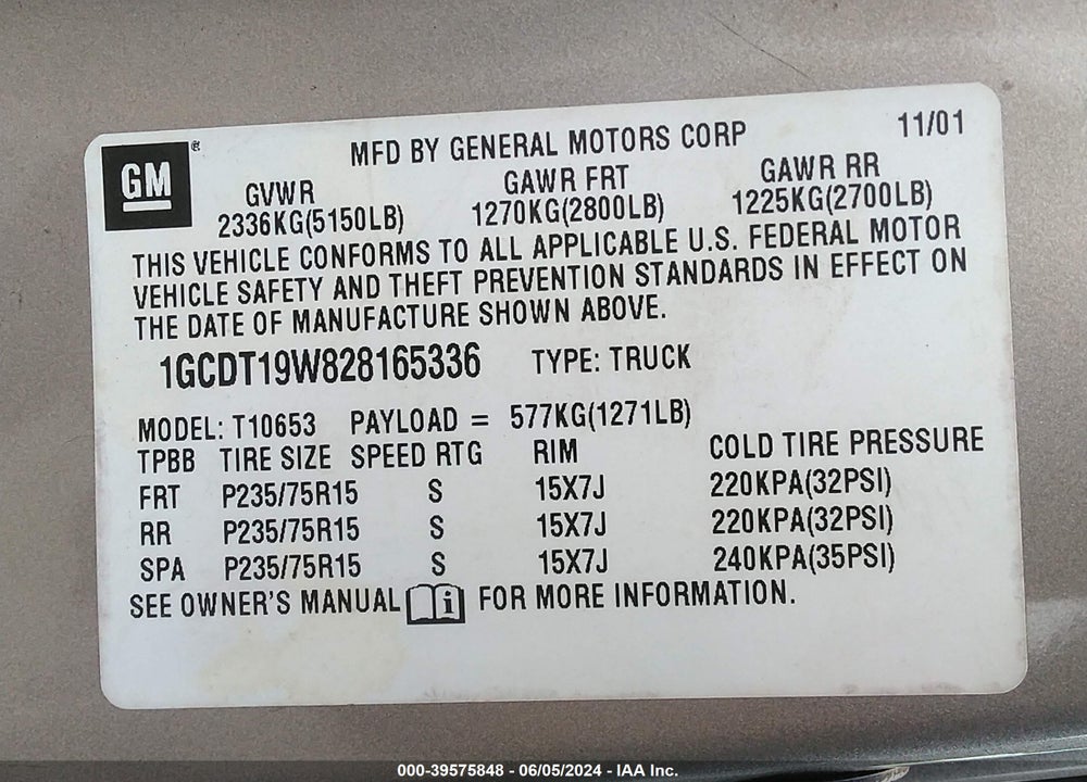 2002 CHEVROLET S-10 LS VIN: 1GCDT19W828165336