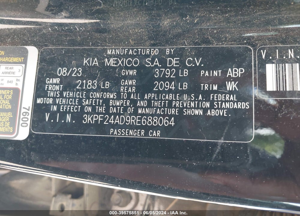 2024 KIA FORTE LX VIN: 3KPF24AD9RE688064