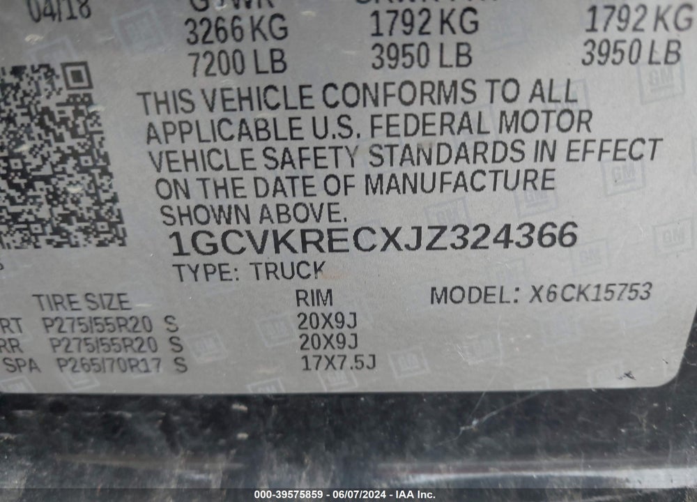 2018 CHEVROLET SILVERADO 1500 2LT VIN: 1GCVKRECXJZ324366
