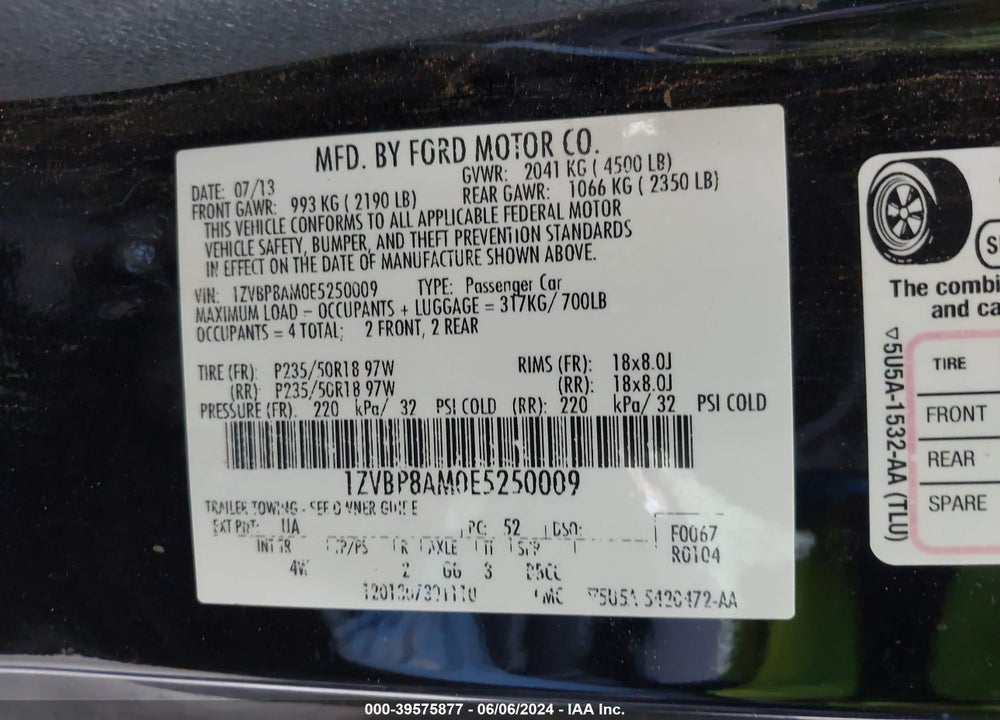 2014 FORD MUSTANG V6 PREMIUM VIN: 1ZVBP8AM0E5250009