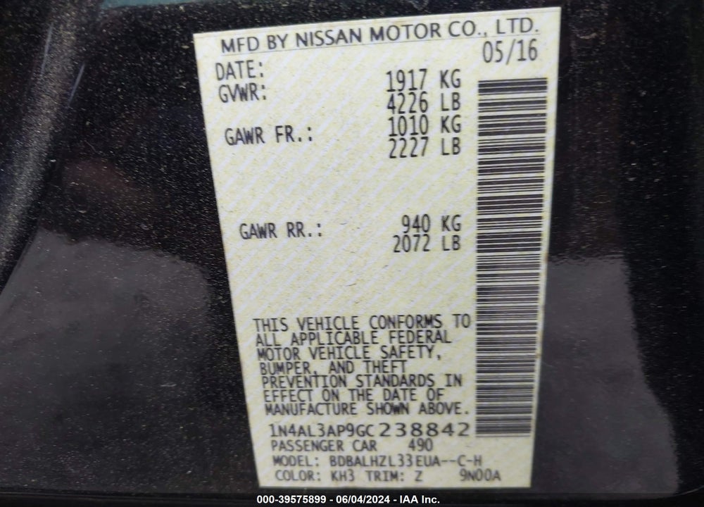 2016 NISSAN ALTIMA 2.5 SR VIN: 1N4AL3AP9GC238842