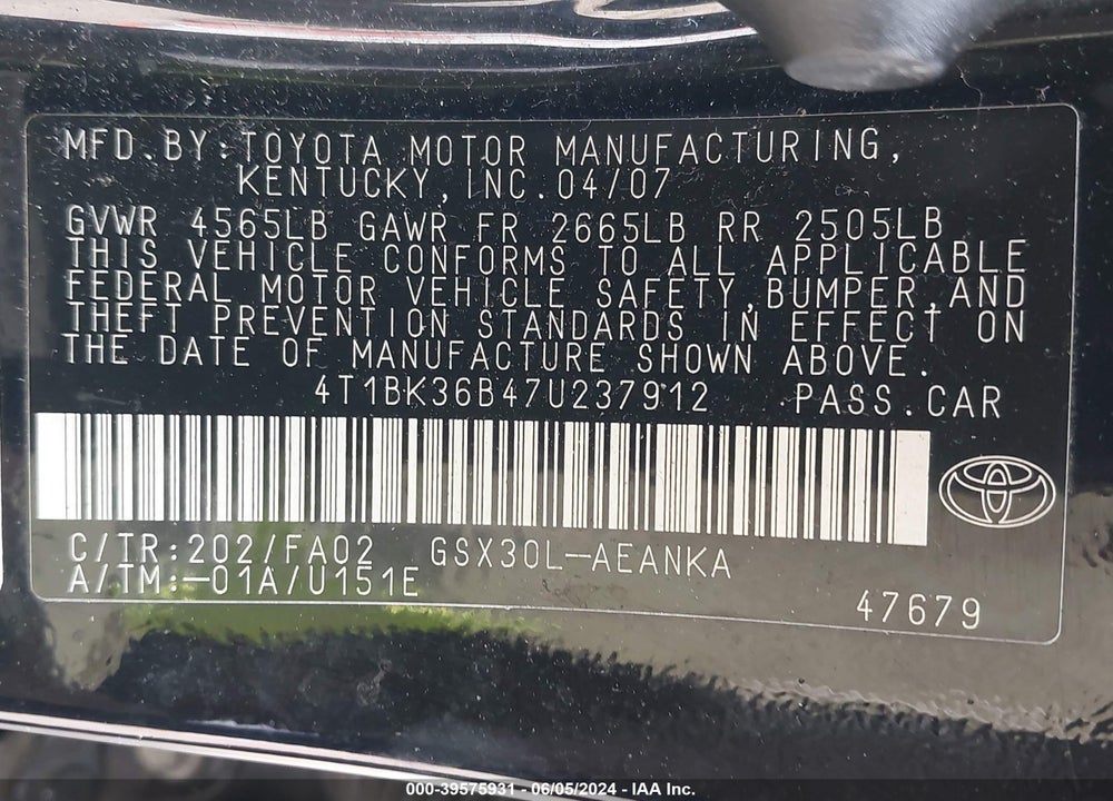 2007 TOYOTA AVALON XL VIN: 4T1BK36B47U237912