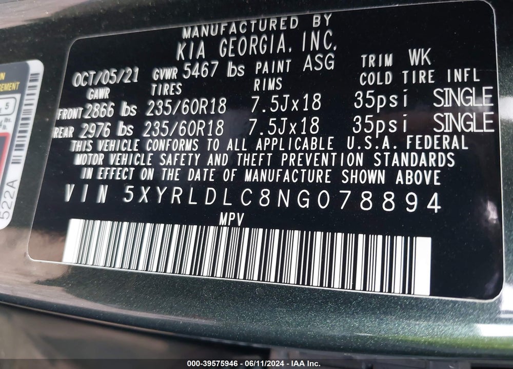 2022 KIA SORENTO X-LINE S VIN: 5XYRLDLC8NG078894