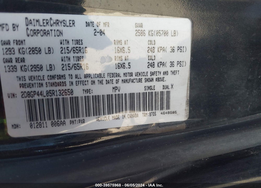 2005 DODGE GRAND CARAVAN VIN: 2D8GP44L05R132650