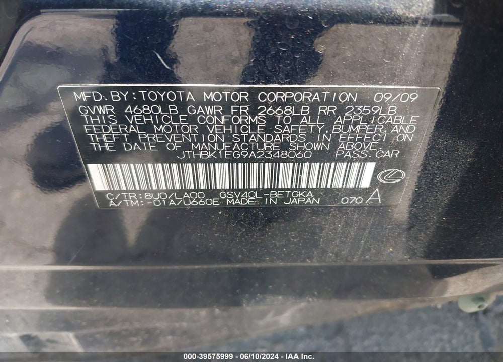 2010 LEXUS ES 350 VIN: JTHBK1EG9A2348060