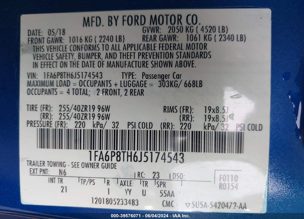 2018 FORD MUSTANG ECOBOOST VIN: 1FA6P8TH6J5174543