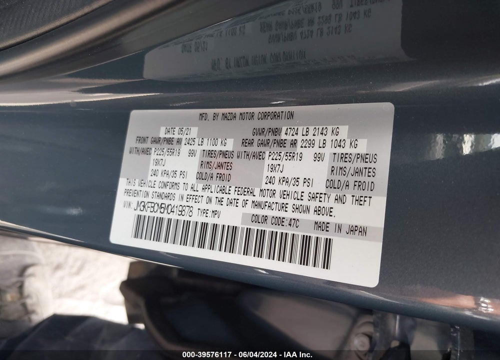 2021 MAZDA CX-5 CARBON EDITION VIN: JM3KFBCM5M0419878
