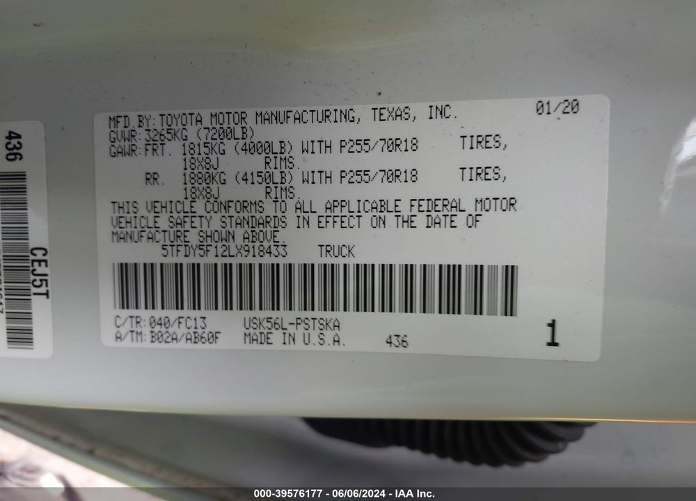 2020 TOYOTA TUNDRA SR5 VIN: 5TFDY5F12LX918433