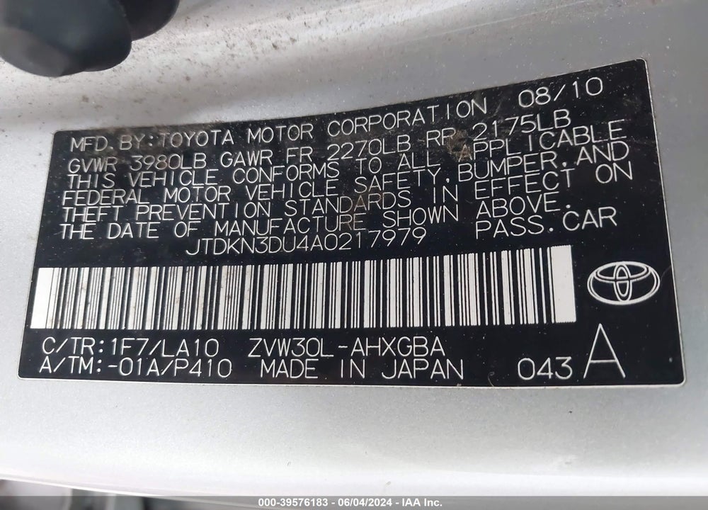 2010 TOYOTA PRIUS IV VIN: JTDKN3DU4A0217979