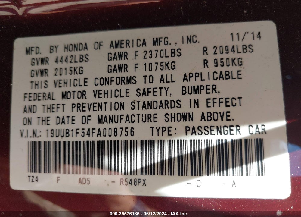 2015 ACURA TLX TECH VIN: 19UUB1F54FA008756