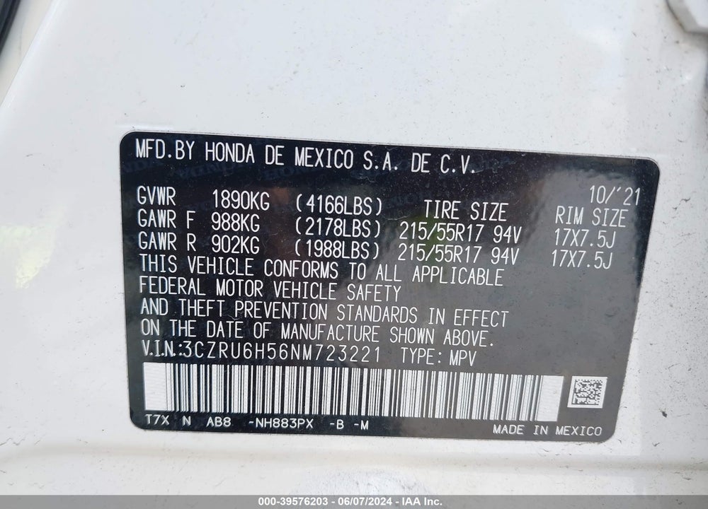 2022 HONDA HR-V VIN: 3CZRU6H56NM723221