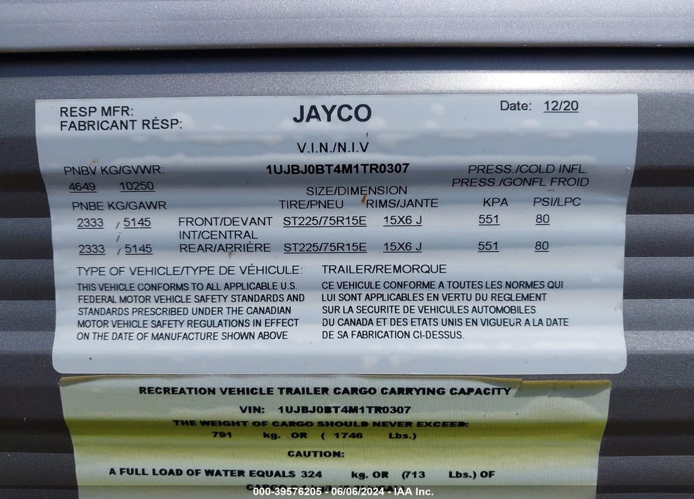 2021 JAYCO 32BHDS VIN: 1UJBJ0BT4M1TR0307