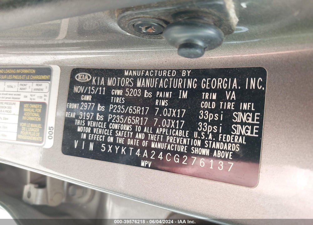2012 KIA SORENTO LX V6 VIN: 5XYKT4A24CG276137