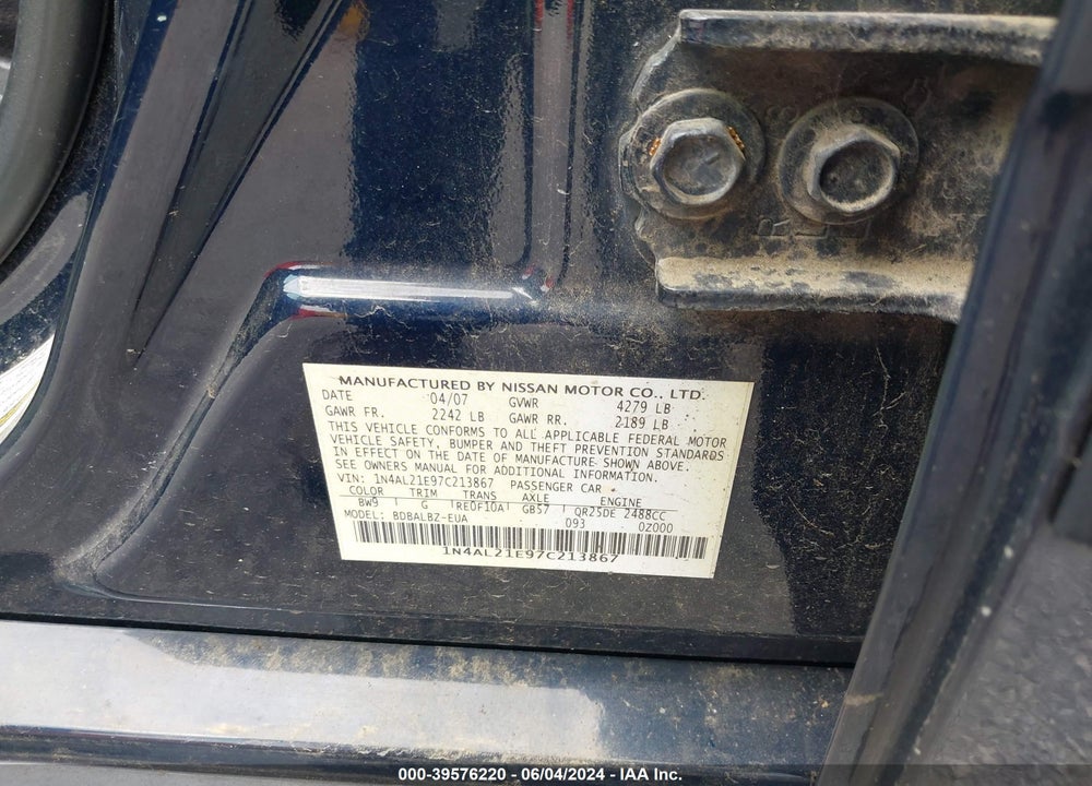 2007 NISSAN ALTIMA 2.5/2.5S VIN: 1N4AL21E97C213867