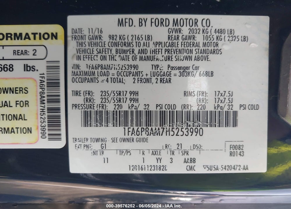 2017 FORD MUSTANG V6 VIN: 1FA6P8AM7H5253990