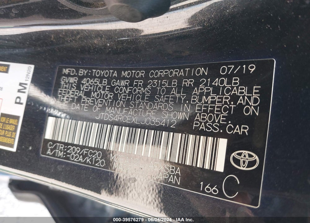 2020 TOYOTA COROLLA SE VIN: JTDS4RCEXLJ035412