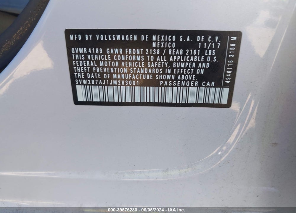 2018 VOLKSWAGEN JETTA 1.4T S VIN: 3VW2B7AJ1JM263001