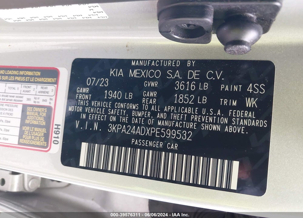 2023 KIA RIO LX VIN: 3KPA24ADXPE599532