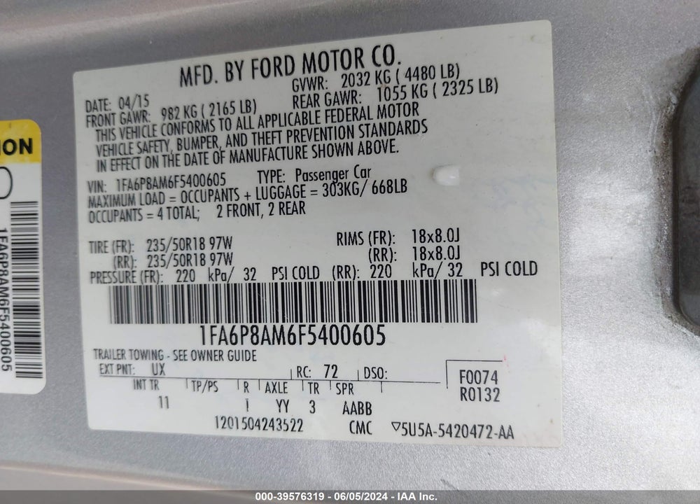2015 FORD MUSTANG V6 VIN: 1FA6P8AM6F5400605