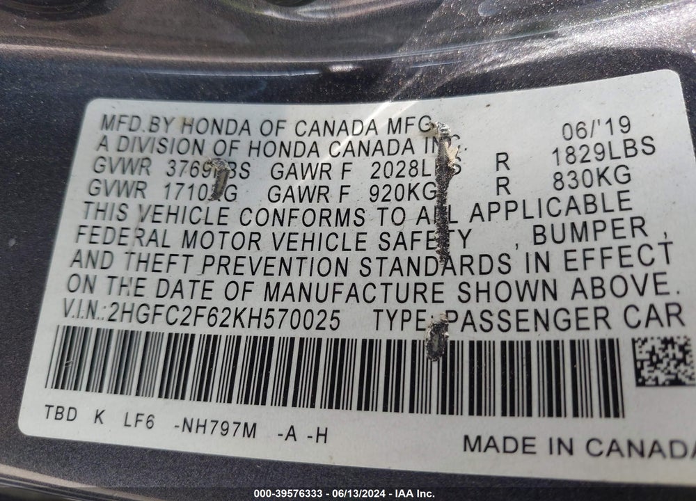 2019 HONDA CIVIC LX VIN: 2HGFC2F62KH570025