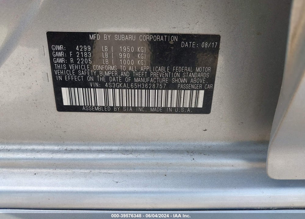 2017 SUBARU IMPREZA 2.0I SPORT VIN: 4S3GKAL65H3628757