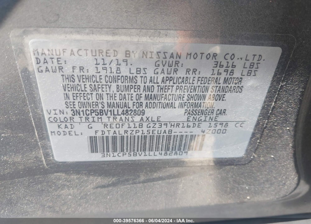 2020 NISSAN KICKS S XTRONIC CVT VIN: 3N1CP5BV1LL482809