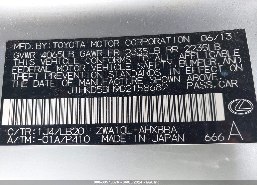 2013 LEXUS CT 200H VIN: JTHKD5BH9D2158682