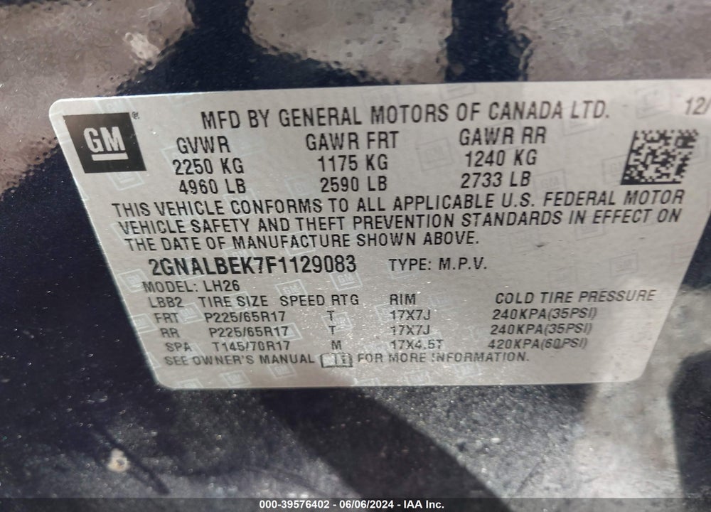2015 CHEVROLET EQUINOX 1LT VIN: 2GNALBEK7F1129083
