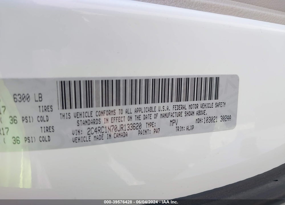 2018 CHRYSLER PACIFICA HYBRID LIMITED VIN: 2C4RC1N70JR133620