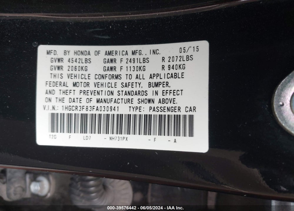 2015 HONDA ACCORD EX-L V-6 VIN: 1HGCR3F83FA030941